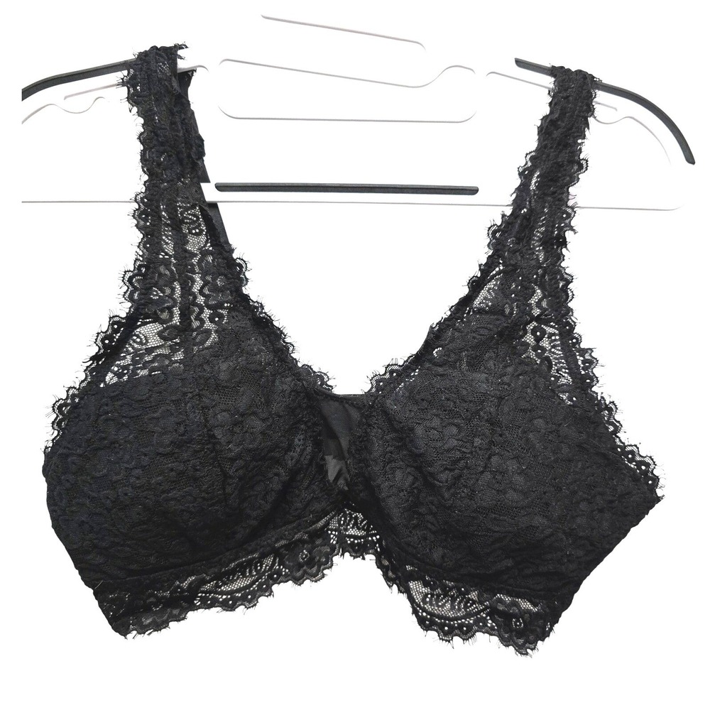 Aerie Black Floral Eyelash Lace Bralette V-Neck Mesh‎ Inset Medium 4909932516